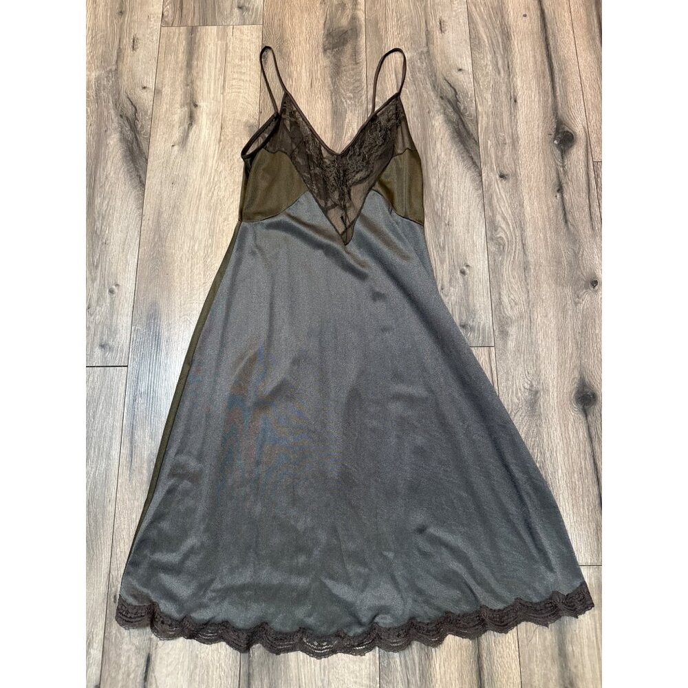 Vintage Formfit Rogers 34 Tall Satin & Lace Full Slip Dress Olive Green & Black